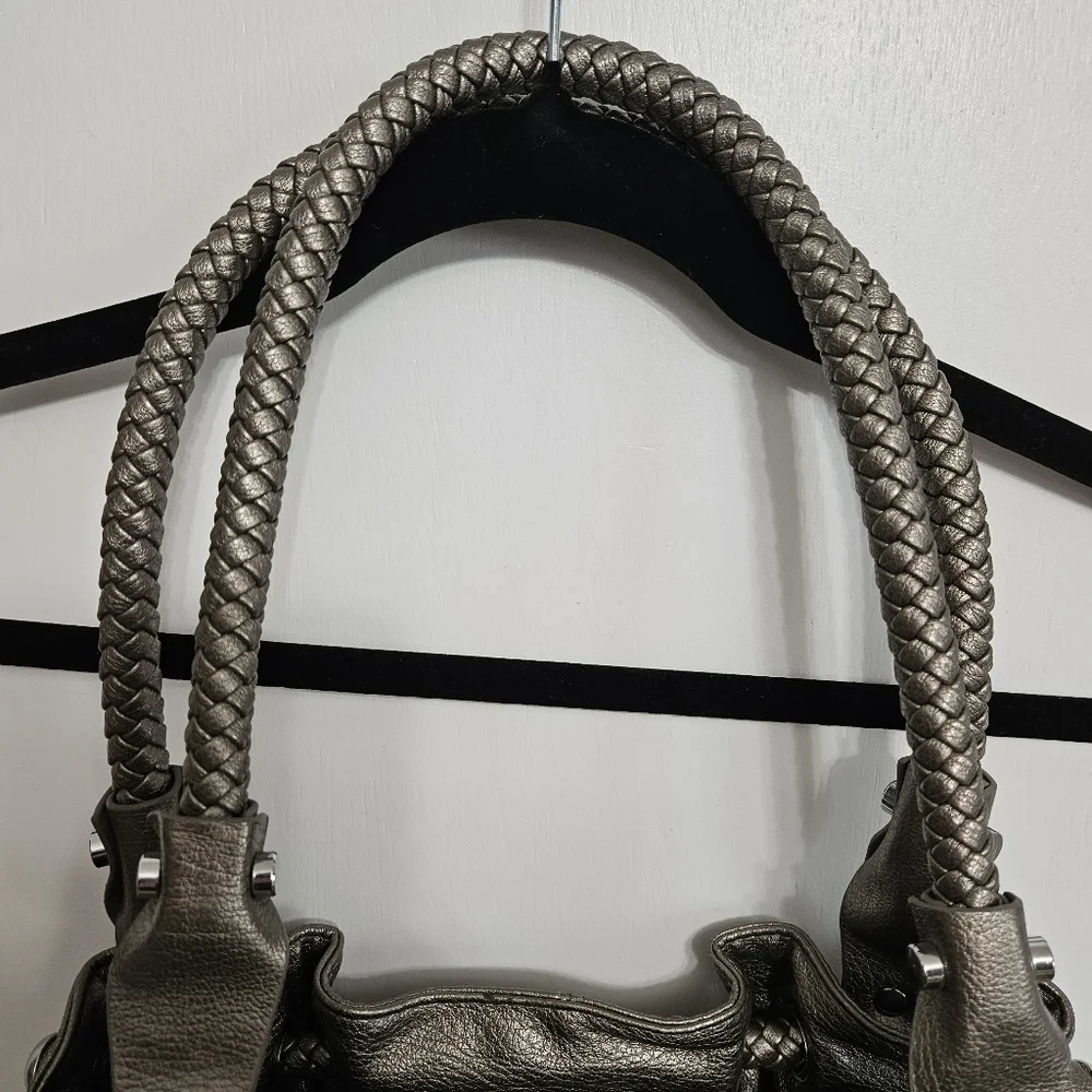 Silver Braided Handle Shoulder Bag Zip Top Double Magnetic Closure Purse